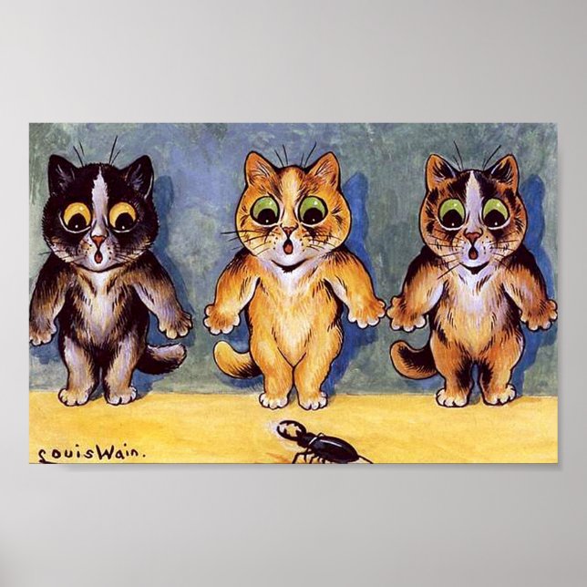 Poster Três Kittens e Besouro, Louis Wain (Frente)