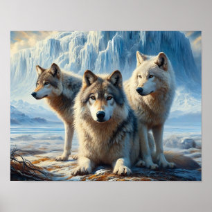 Poster Três lindos lobos árcticos em Glacier Tundra