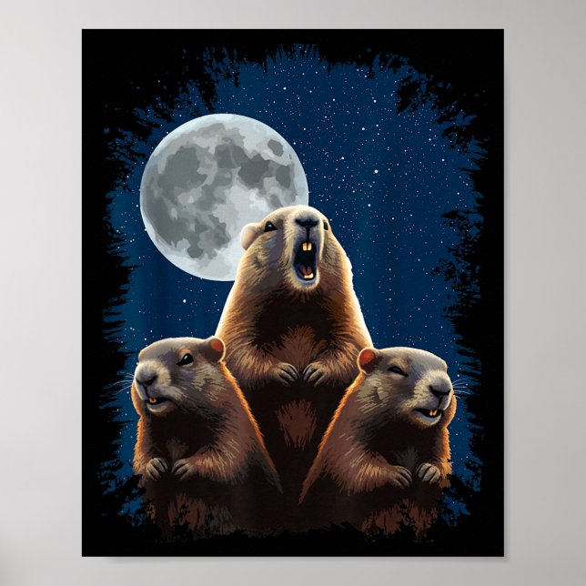 Poster Três Marmotas E Uma Lua Divertido Dia Da Marmota  (Frente)