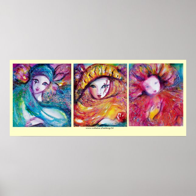 PÔSTER TRÊS MÁSCARAS CARNIVAIS EM AZUL, VERMELHO, AMARELO (Frente)