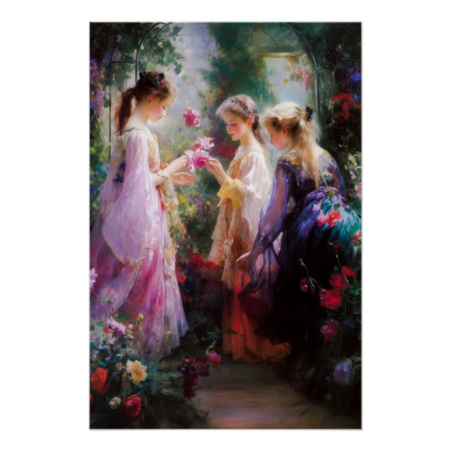 Pôster Três meninas brincando em um jardim  (Frente)