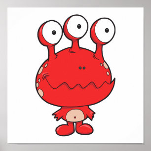 Pôster três olhos, monstro feliz vermelho