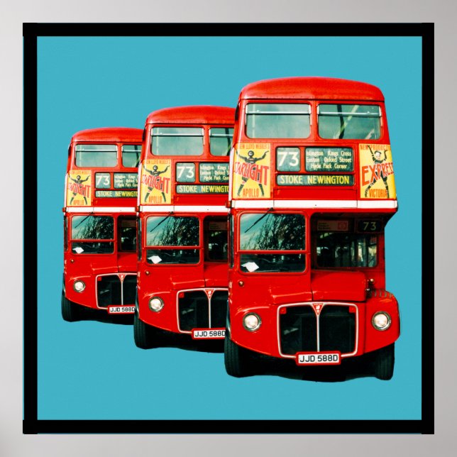 Poster Três Ônibus Londres em Turquoise (Frente)