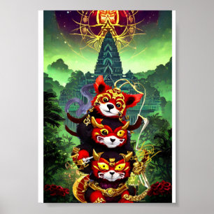 Poster Três Panda Vermelho