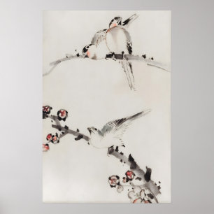 Poster Três Pássaros Empoleirados Em Galhos Arte Japonesa