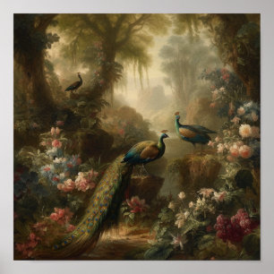 Poster Três Pavões na Floresta Encantada Pintura a Óleo