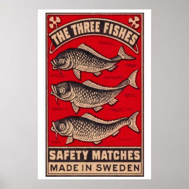 Poster Três Peixes Caixa de Fósforos Arte Impressa, Vinta (Frente)