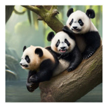 Três pequenos pandas bonitos posando para a câmera