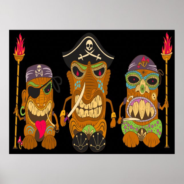 Poster Três Piratas Tiki, Preto Engraçado (Frente)