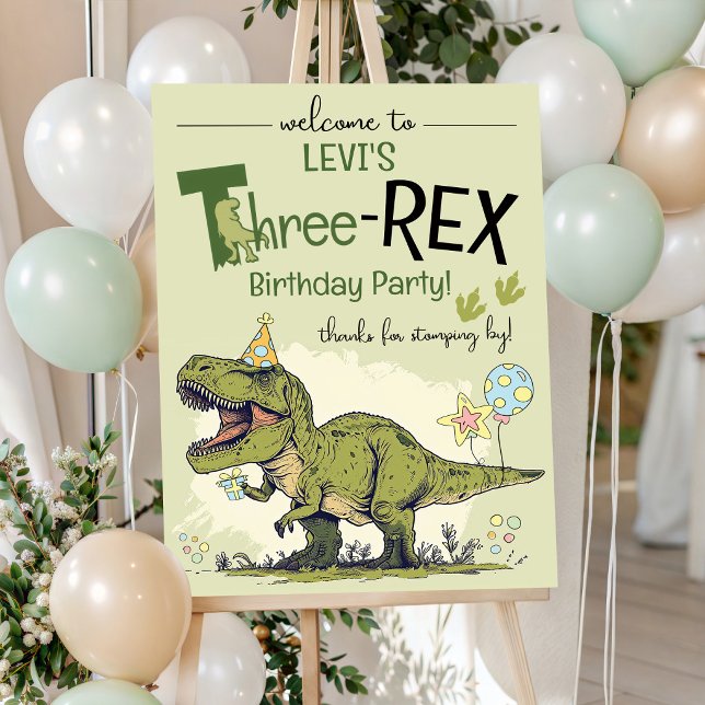Poster Três-Rex Dinossauro Fofo Bem-vindo à Festa de 3 An (Funny Three-Rex Cute T Rex Dinosaur 3rd Birthday Party Welcome Poster Sign, personalized, digital)