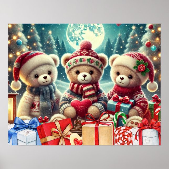 Poster Três Ursos de Teddy Bonitos Feliz Natal (Frente)
