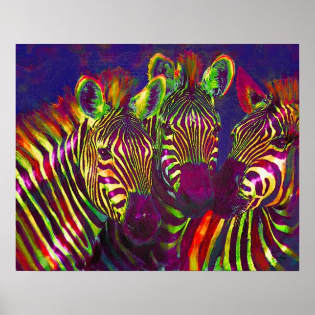 Pôster três zebras neon (Frente)