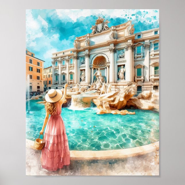Poster Trevi Fountain Itália Watercolor Art (Frente)