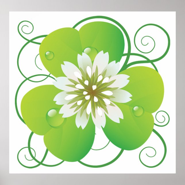 Poster Trevo de Quatro Folhas Verde com Flor Branca (Frente)