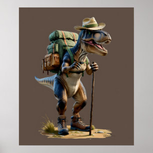 Poster Trex vestindo chapéu com mochila e bengalinha
