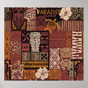 Poster Tribal Havaiano: Patchwork de Tecido Vintage