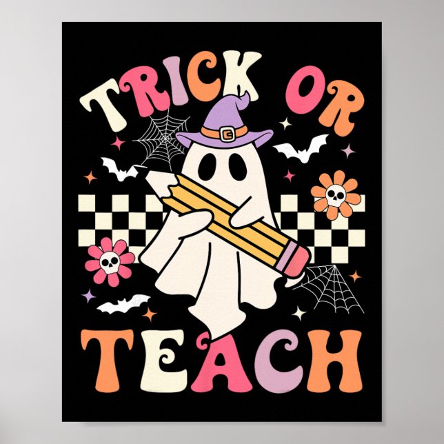 Poster Trick Or Teach Groovy Professor Halloween Retro Fl (Frente)
