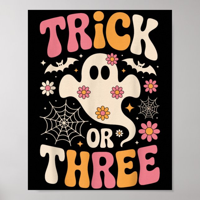 Poster Trick Or Three 3 Years Old Birthday Groovy Ghost H (Frente)