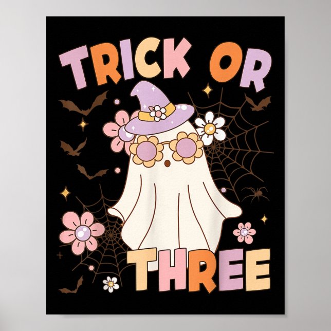 Poster Trick Or Three Cute Ghost Groovy 3rd Birthday Soky (Frente)