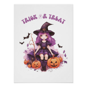Pôster Trick ou Treine Pumpkins e Morcegos de Bruxas Roxa