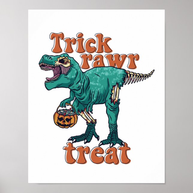 Poster Trick Rawr Treat Zombie T Rex Halloween Dinossaur (Frente)