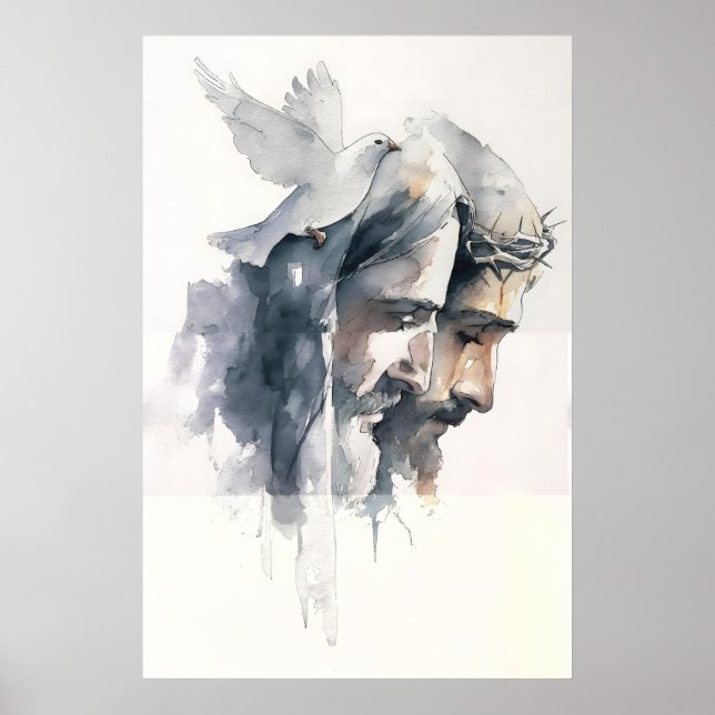 Poster Trindade Santíssima Abstrata Aquarela do Pai Filho (Frente)