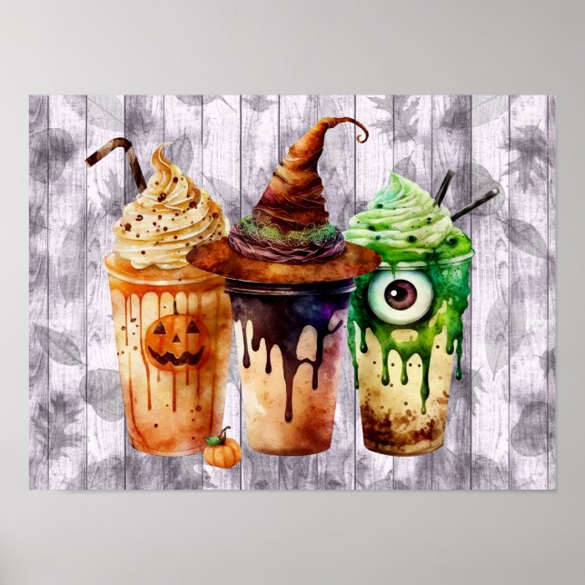 Poster Trio de Aquarela de Bebida de Café de Halloween (Frente)
