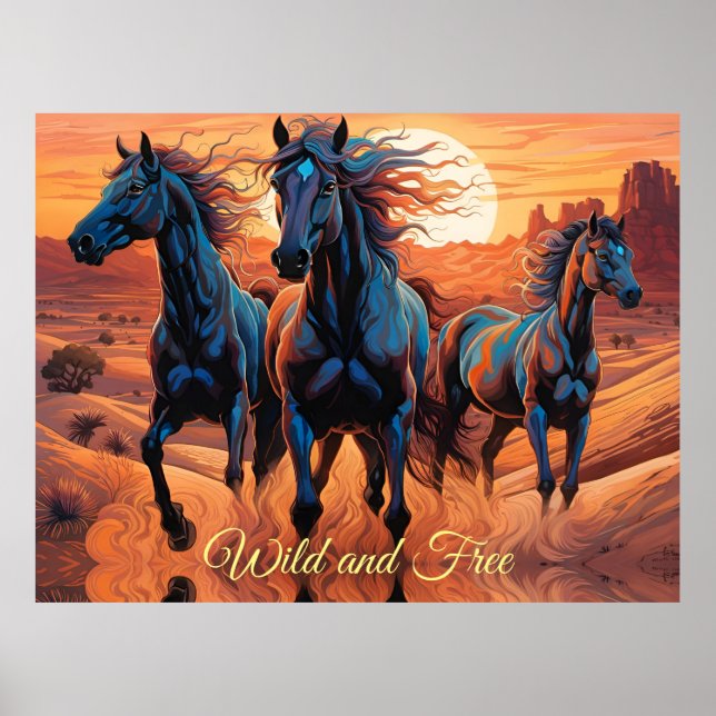 Poster Trio de Cavalos Selvagens no Deserto (Frente)