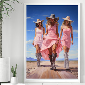 Poster Trio de Cowgirl Costeira em Vestidos Rosa Colorido