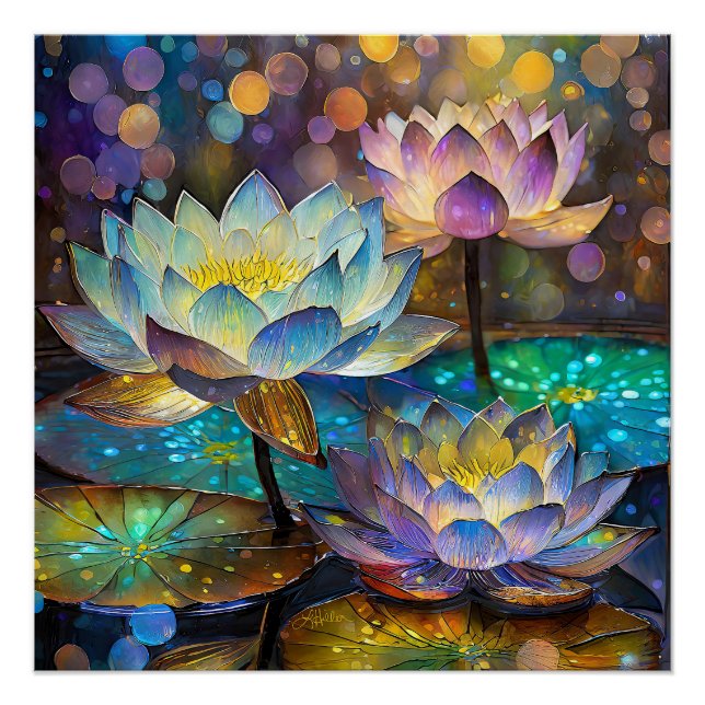 Pôster Trio de Flores de Lótus Brilhantes (Frente)