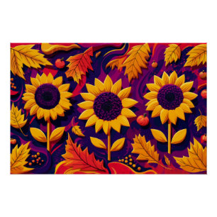 Pôster Trio de Girassol Roxo, Flores Folheadas para Queda