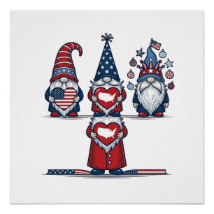 Pôster Trio de Gnome Patriótico Design Vetorial Vintage_1