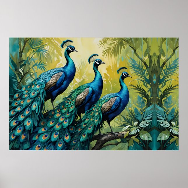 Poster Trio de Peacocks na floresta (Frente)