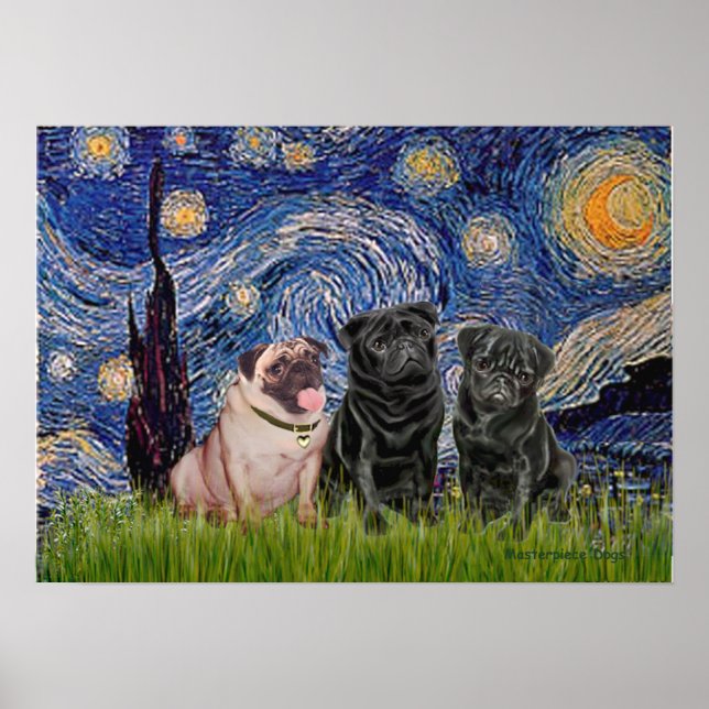 Pôster Trio de Pug (1F,2B) - Noite Estrelada (Frente)