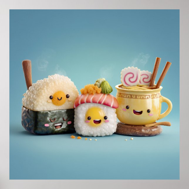 Poster Trio de Sushi Azul Kawaii (Frente)