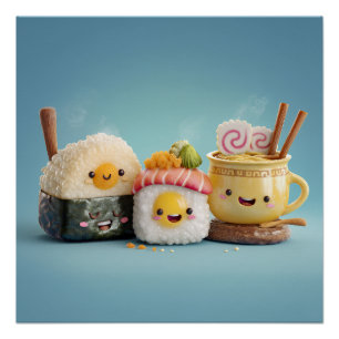 Pôster Trio de Sushi Azul Kawaii