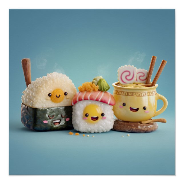 Pôster Trio de Sushi Azul Kawaii (Frente)