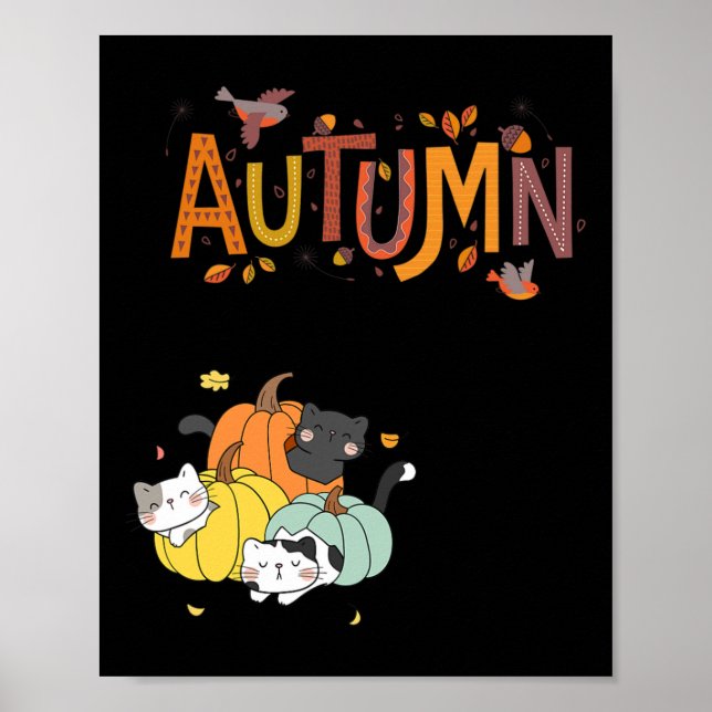 Poster Trio Gatos De Pumpkin Bonitos Olá Queda Autumn Eng (Frente)