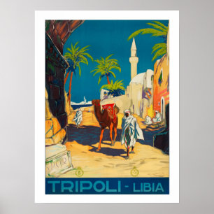 Poster Tripoli, Líbia, badoun com camelo, vintage, viage
