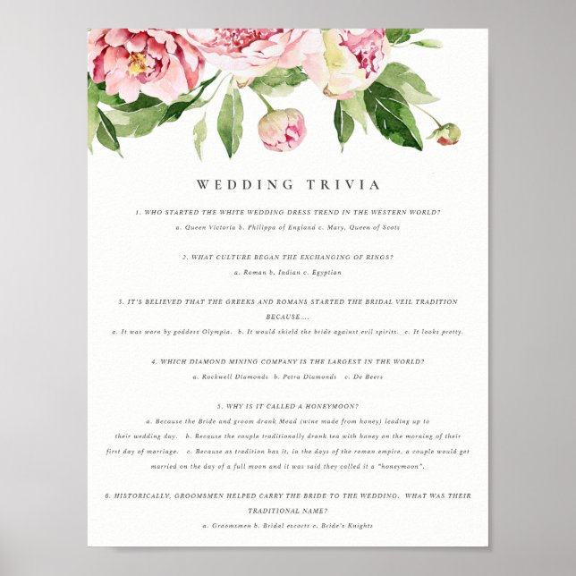 Poster Trivia Jogo de Casamento de Peônias Florais de Blu (Frente)