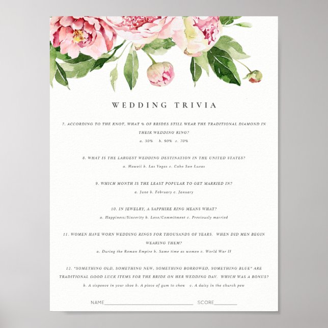 Poster Trivia Jogo de Casamento de Peônias Florais de Blu (Frente)