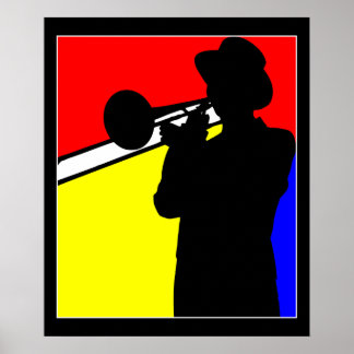 Poster Trombone de silhueta, estilo mondriano, arte 20"