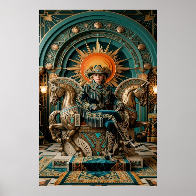 Poster Trono Dourado da Rainha Cowgirl Western Art Déco (Frente)