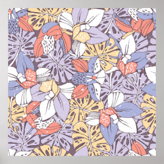 Poster Tropic seamless pattern with orchid and monstera l