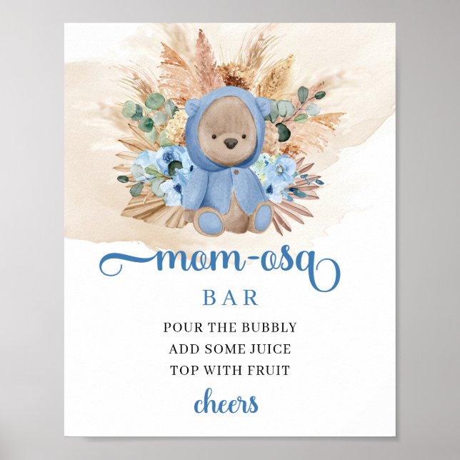 Poster Tropical boy teddy bear blue flowers Mom-osa bar (Frente)