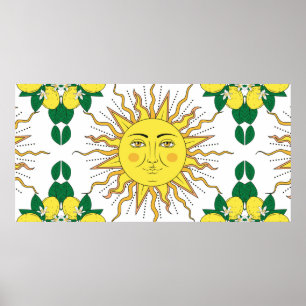 Poster Tropical citrus lemon fruits with flowers frame an