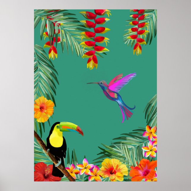 Poster Tropical Delight hummingbird toucan flowers  (Frente)