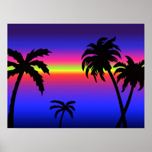 Poster tropical do por do sol das palmeiras