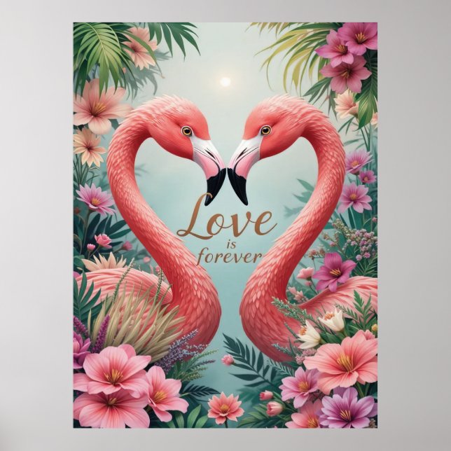 Poster Tropical Flamingo Casal no Amor (Frente)
