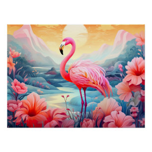 Pôster Tropical Flamingo com Flores